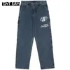 Męskie dżinsy odcień do ucha Hiphop list haft y2k dżinsowe dżinsy luźne proste spodnie szerokie spodnie dla mężczyzn pary ładunki streetwearu koreańskie 230727