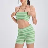 Conjuntos de agasalhos femininos listrados verdes com 2 peças de verão roupas de verão com ombros descobertos sem alças tops e shorts tops e shorts streetwear