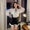 Summer women light long-sleeved shirt and striped patchwork shorts casual suit, ruffle collar shirt with bow, simple and stylish, high-waist casual suit everything.