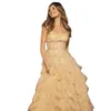 Shiny Strapless Evening Dresses Tiered Ruffles Sleeveless A Line Prom Dress Floor Length Sequined Tulle Formal Party Gowns