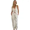 Women's Two Piece Pants 2 Sets Womens Outfits Ice Silk Satin Suit Sling V-neck Waist Tuck Fashion Solid Color Tops And Loose Straight Leg