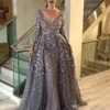 Vestidos grises vintage para madre de la novia Nueva línea A Manga larga Formal Madrina Fiesta de bodas por la noche Invitados Vestidos de talla grande Cus3013