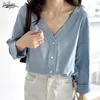 Femmes Blouses Chemises Automne Lâche Col En V À Manches Longues Blouse Femmes Casual Plus La Taille Coton Chemise pour Solide Cardigan Dames Tops 10524 230726