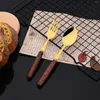 Servis uppsättningar 6 personer rostfritt stål middag guldimitation trähandtag kniv kaffe sked gaffel cutlery set bordsvaror silvervaror