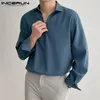 Männer-Freizeithemden INCERUN Männer Freizeithemd Umlegekragen Einfarbig Langarm Lose Koreanische Männer Kleidung Streetwear Freizeit Camisa S-3XL 230727