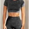 Yoga outfit sport två bit yoga set outfit kvinnor träning kläder tvättade fitness sömlös kostym hög midja leggings skörd topp regnbågar 230727