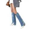 Blaue Denim-Jeansstiefel für Damen, kniehohe Hosen, Botas, Schlitzschnitt, lange Cowboystiefel, modische Damen-Schuhe mit mittlerem Absatz, übergroße Schuhe, Größe 43, T221704860