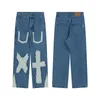 Mäns jeans västra original patch multi-pocket mens hip hop womens personlighet cross lapptäcke burr kant rak jean pants baggy