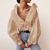 Womens Blouses Shirts Chic Lantern Sleeve V Neck Plain Women Solid Color Blouse Lady OL Tops Autumn Spring Lapel Button Down 230726