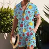 Mens Tracksuits Lemon Print Shirt Set Resort Style Beach Wear Twopiece Sude Summer Short Sleeve Shorts Floral Blouse Man Clothing 230727