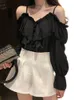 Women's Blouses Shirts Sexy Off Shoulder Blouses Women Spring Summer Solid Color Chiffon T-shirt Casual Loose Spaghetti Strap Flare Sleeve Ruffles Tops 230727
