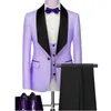 Men's Suits Custom Made Men Lilac Pattern And Black Groom Tuxedos Shawl Lapel Groomsmen Wedding Man ( Jacket Pants Vest Tie ) D22