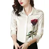 2023 Floral Print Blouses Designer Satin tops Women Long Sleeve Lapel Formal Button Up Shirt Elegant and Youth Office beige Blouse244s