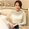 Damesblouses Overhemden Dingaozlz Elegante bodysuit met lange mouwen Beaded Women Lace Blouse Gehaakte tops Blusas Mesh Chiffon Vrouwelijke Doek Dhwhg