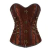 Kobiety vintage steampunk gotyckie panele skórzane pu jacquard overbust gorset top z łańcuchami i guzikami Akcent S-6xl Plus Size Brown290V