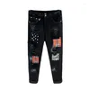 Jeans pour hommes noir mode Plaid Patchwork imprimé Hip Hop Punk Streetwear déchiré trou Patch Stretch Denim pantalon