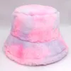 Berets Women Winter Polyester Imitation Fur Tie Dye Shopping Bucket Cap Big Wide Brim Plus Plush Thick Warm Fisherman Hat R52