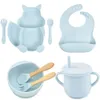 Cups Dishes Utensils 8PCS Set Baby Silicone Sucker Bowl Plate Cup Bibs Spoon Fork Sets Children Non slip Tableware Feeding BPA Free 230727