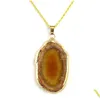 Arts And Crafts Stainless Steel Chain Natural Stone Agate Pendant Necklace Gold Edge Irregar Shape Necklaces Women Fashion Jewelry Wil Dhw3M