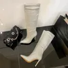 Tryck på borrhöga stövlar 105mm cusp tå stiletthäl tall boot lyxdesigners sko för kvinnor fabrikskor med låda