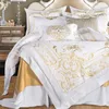 寝具セット白いエジプトの綿セット私たちキングクイーンサイズシックなゴールデン刺繍スーパーソフトベッドシート布団カバー230727