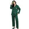 Damen-Nachtwäsche, weiblich, 2 Stück, gestreifter Satin-Pyjama-Anzug, grün, Frühlings-Herbst-Langarm-Hauskleidung, süßer Hund, Lounge-Pyjama-Nachtwäsche