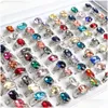 Solitaire Ring grossist 50st/Lot Fashion Colorf Glass Imitation Gemstone Rings for Women Mix Color Party Gifts smycken Drop Deliver Dh2bi