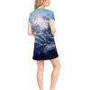 Casual Dresses Sea Oil Painting Landscape Full Print Ladies T-shirt Skirt Summer Cotton O-neck Short-sleeved Mid-length Dress