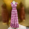 Vestidos Casuais Básicos Menahem Vestido Longo Férias de Verão Feminino Laço Espaguete Alça Ombro Decote em V Cintura Elástica Azul e Estampado Porcelana Robe Longo Festa 230727