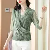 Blusas femininas verde floral estampa chiffon camisa primavera verão moda blusa 2023 estilo coreano decote em v manga longa elegante para mulheres