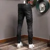 Black Stretch Biker Jeans For Man Estruerad Slim Fitness Long Cowboy Trousers Man Big Size 38