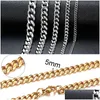 Chains Cuban Chain Necklace For Men Women Basic Punk Stainless Steel Curb Link Chokers Vintage Gold Tone Solid Metal Collar Drop Del Dh7Sk