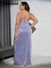 Plus Size Dresses Cinemore Women's Dress Size V Neck Sequin Bodycon Slim Backlees Ruched Split Thigh Hem Elegant Prom Long Cami 230727