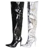 Boots Women Sexy Silver Mirror Boots High Boots T Show Pointy Toe Club Party Shoes Thin High Cheels على أحذية الركبة الطويلة للنساء 230727