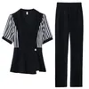 Women's Two Piece Pants Spring/Summer Stripe Spliced Suit Collar With Split Feet Slim Flap Fashionable High End Temperament Set