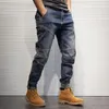 Men's Jeans Apring Summer 3D Pattern Spliced Denim Cargo Washed Pants Retro Elastic Tooling Pencil Fashion Trousers