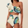 Swim Wear One-Shoulder Embroidered Printed Ruffled Swimsuit Fashion Beige Ruched Bikini High Waist Swimwear Bottom Beach Bathing Suit 230727