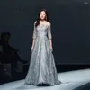 Party Dresses Elegant Grey Prom With Half Sleeves Boat Neck Beading Formal Evening Ball Gowns 2023 Sexy See-through Dress