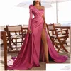 Abiti casual di base Prom Wedding Party Women Evening Elegante Sexy One Shoder Backless Satin Pieghettato Side Split Allentato Lungo Maxi Dr Dh87F