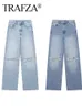 Kvinnors jeans trafza blå baggy jeans kvinnor rippade denim byxor kvinna hög midja breda ben byxor mode y2k streetwear kvinnors byxor 230728