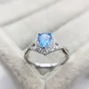 New S925 Sterling Silver Full Diamond Sea Blue Water Drop Ring European and American Fashion Jewelry Women's Engagement Ring