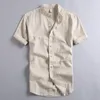 Men's Casual Shirts Mens Cotton Linen Striped Short Sleeve Mandarin Collar Men Summer Slim Fit Flax Dress Male TS-443