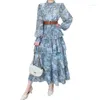 Casual Dresses Printed Holiday Multi-Layer Ruffled Patchwork Dress Spring and Autumn Lantern Long Sleeves Beach Loose Maxi Vestidos