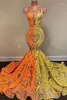 Vestidos de fiesta Elegante amarillo naranja sirena Prom para mujer Apliques de encaje See Through Jewel Neck Sweep Train Vestidos de cumpleaños formales