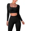 Zweiteilige Damen-Hosen, 2 Langarm-Crop-Top-Leggings mit hoher Taille, gerippte Bauchkontrolle, sexy Mädchen, eng anliegende Yoga-Sets für Frauen