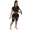 Women's Tracksuits Szkzk Sexy Ripped Two Piece Bodycon Set Women T Shirts Tops And Shorts Hollow Out Black Gray Outfits Party Night Club