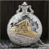 Vintage Argent Charme Or Train Sculpté Ouvrable Creux Steampunk Quartz Montre De Poche Hommes Femmes Collier Pendentif Horloge Gifts244N