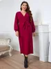 Plusstorlekar Spring och Autumn Vneck Red Long Sleeve Slim Fit Dress Size Elegant Dresses for Women 230727