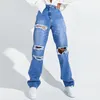 Damesjeans Rechte mama hoge taille vrouwelijke denim broek uitgesneden gat ontwerp gleuf gescheurde broek losse dameskleding Boyfriend Street