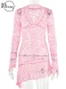 Sukienki swobodne Inwwersa Pink Sexy V Neck Lace Mini sukienka wakacyjna plaż